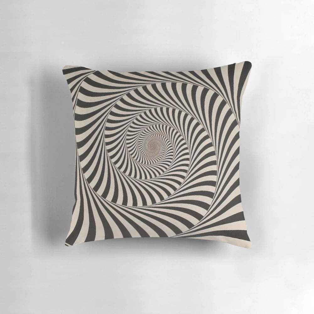 A visually striking psychedelic art pillow featuring a mesmerizing spiral design in black and white.