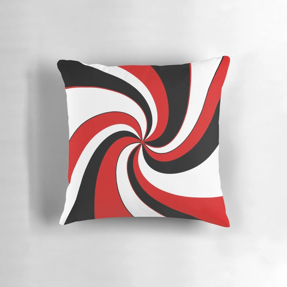 Hypnotic twist design decorative pillow in red, black and white