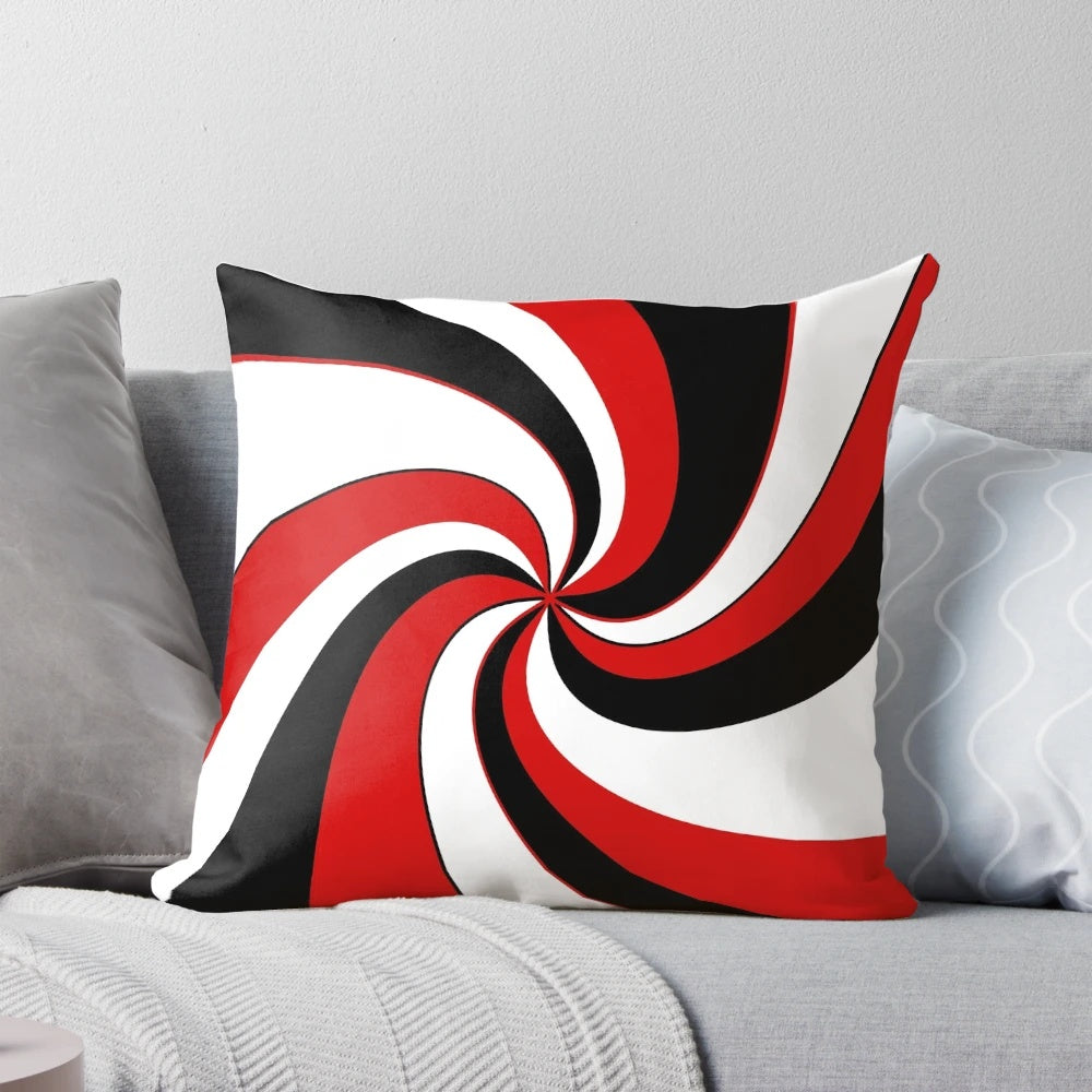 Hypnotic twist design decorative pillow in red, black and white
