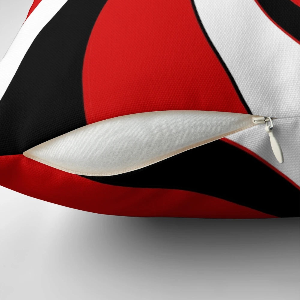 Hypnotic twist design decorative pillow in red, black and white