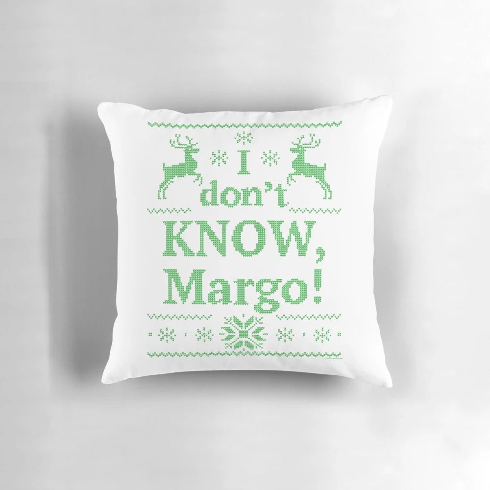 I Don't Know, Margo!" Christmas Vacation themed green throw pillow with Chevy Chase movie quote
