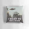 I Want To Believe" vintage-style throw pillow with X-Files Mulder and Scully conspiracy theme