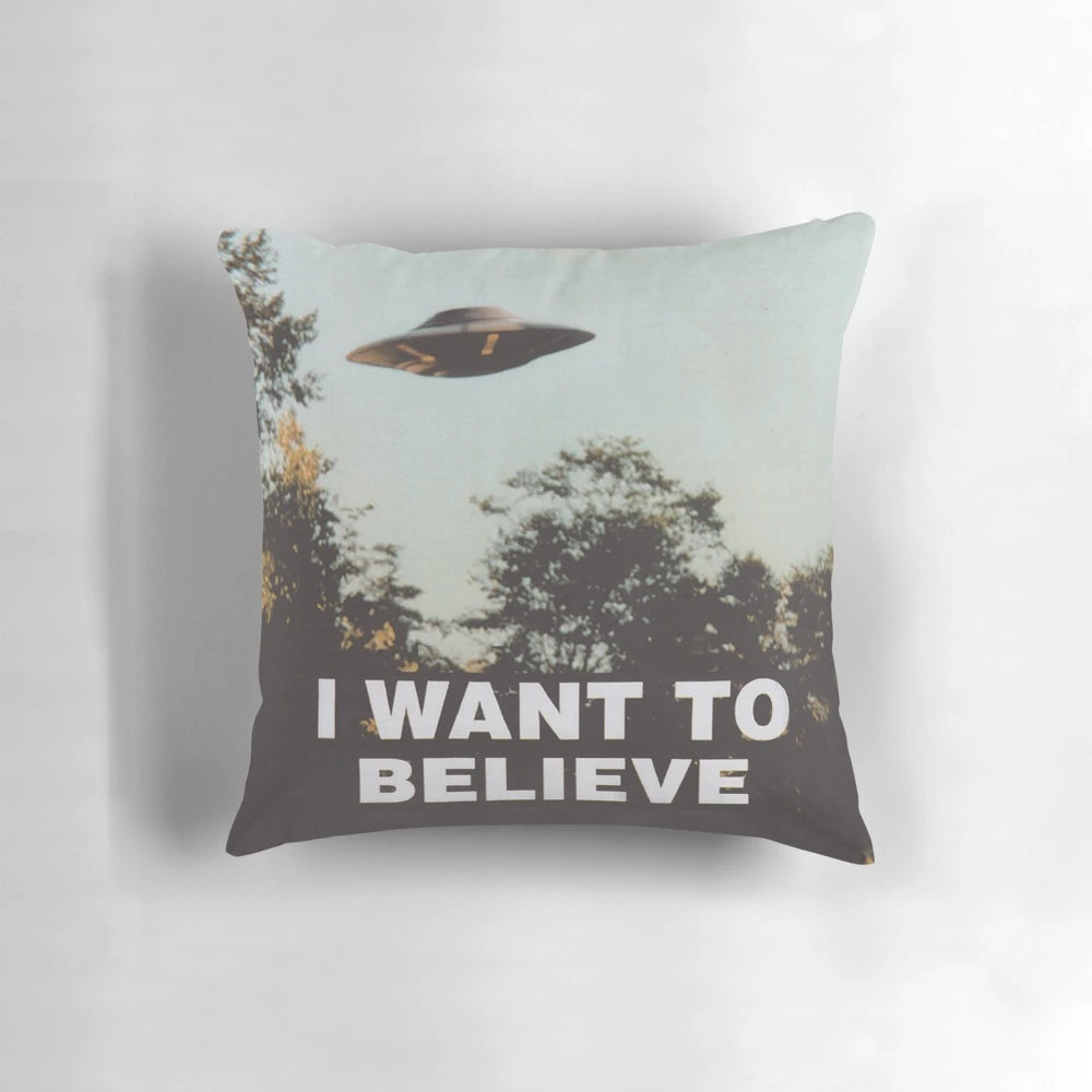 I Want To Believe" vintage-style throw pillow with X-Files Mulder and Scully conspiracy theme