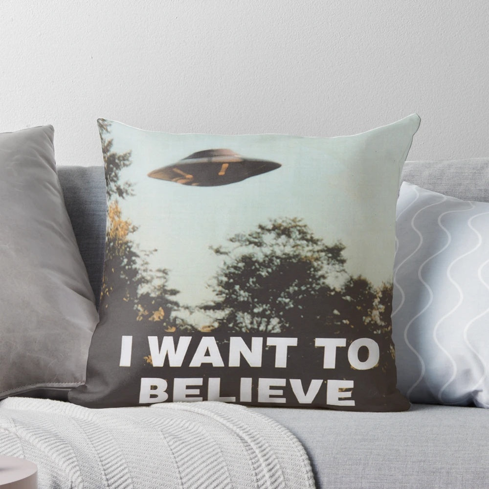 I Want To Believe" vintage-style throw pillow with X-Files Mulder and Scully conspiracy theme