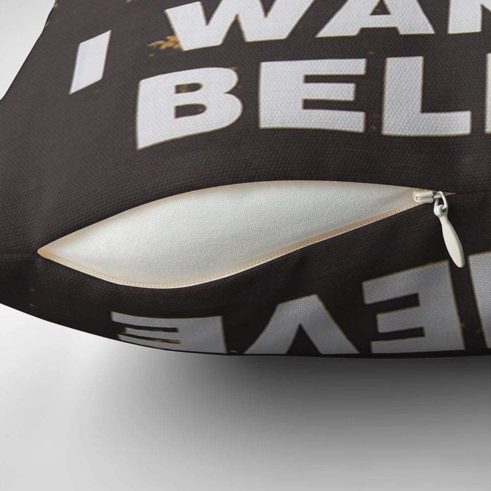 I Want To Believe" vintage-style throw pillow with X-Files Mulder and Scully conspiracy theme