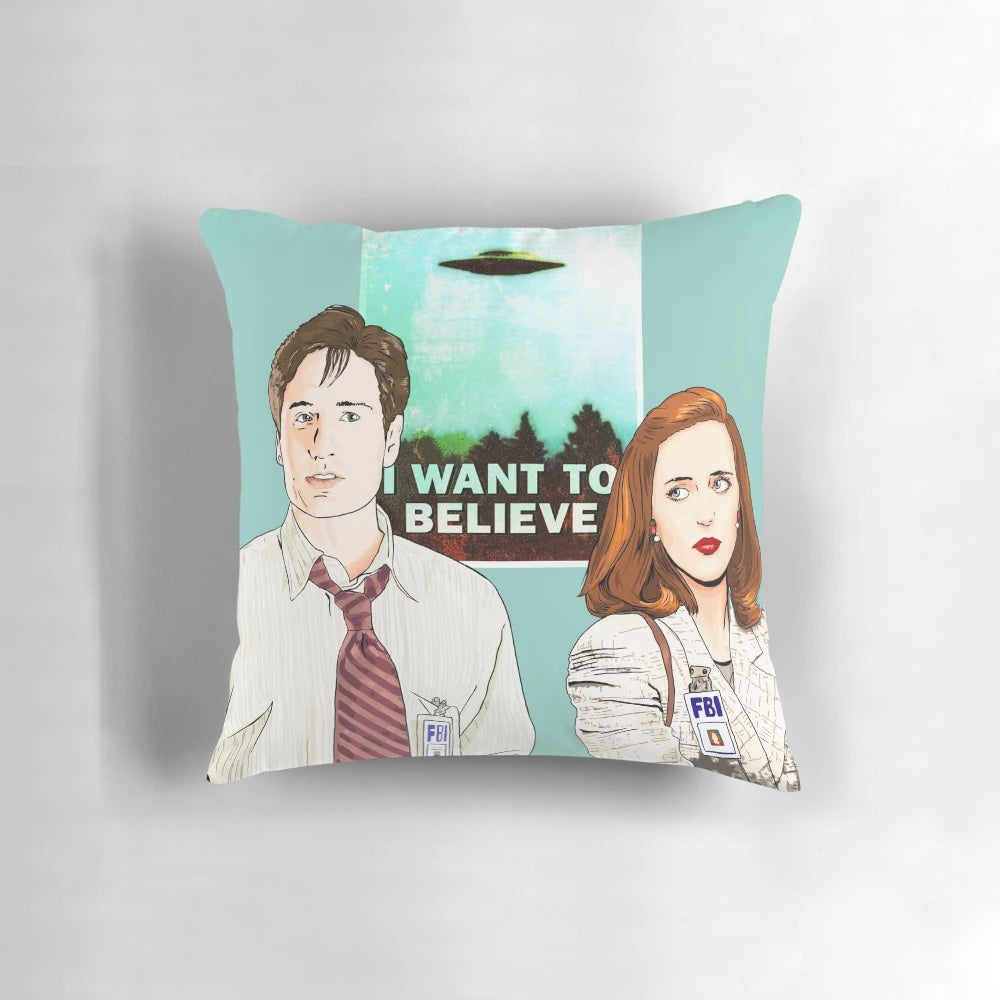 I Want to Believe" X-Files Pillow featuring the iconic "The Truth is Out There" slogan and characters Mulder and Scully