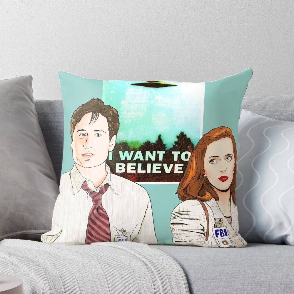 I Want to Believe" X-Files Pillow featuring the iconic "The Truth is Out There" slogan and characters Mulder and Scully