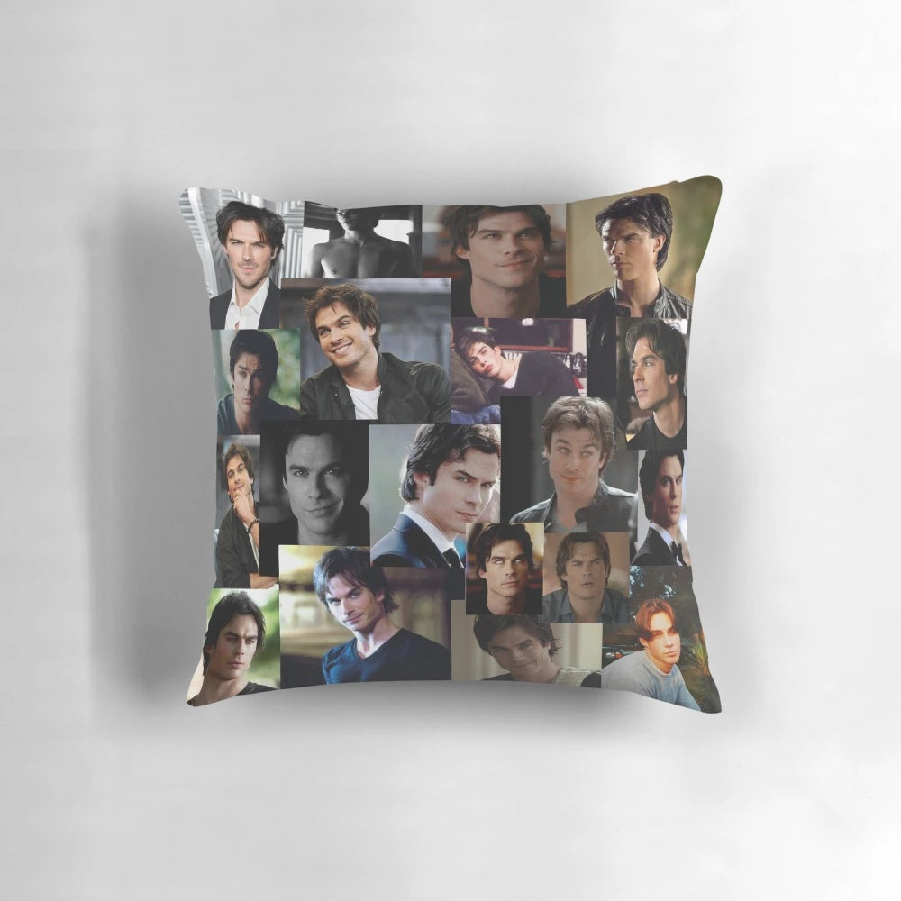 A decorative pillow featuring a design inspired by actor Ian Somerhalder, with lightning bolt and aesthetic vibes.