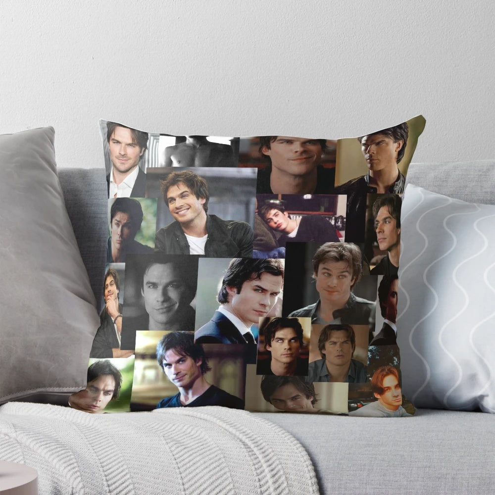 A decorative pillow featuring a design inspired by actor Ian Somerhalder, with lightning bolt and aesthetic vibes.