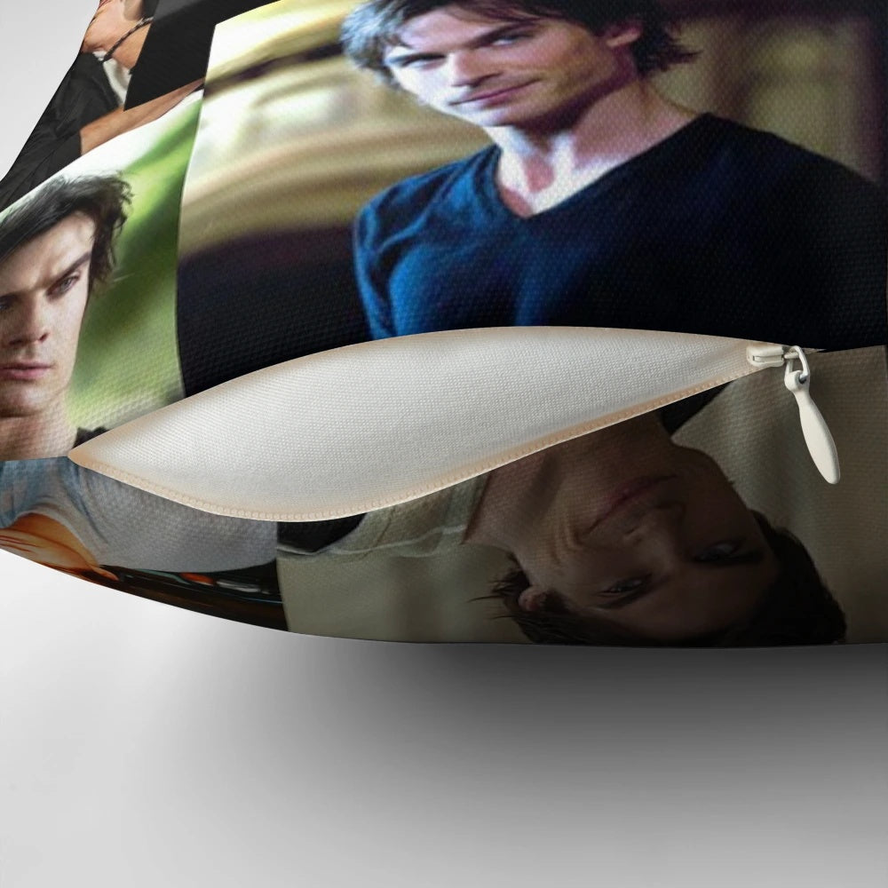 A decorative pillow featuring a design inspired by actor Ian Somerhalder, with lightning bolt and aesthetic vibes.