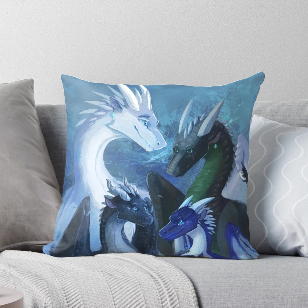 Wings of Fire fantasy book character pillows featuring Icewing, Nightwing, and Darkstalker designs