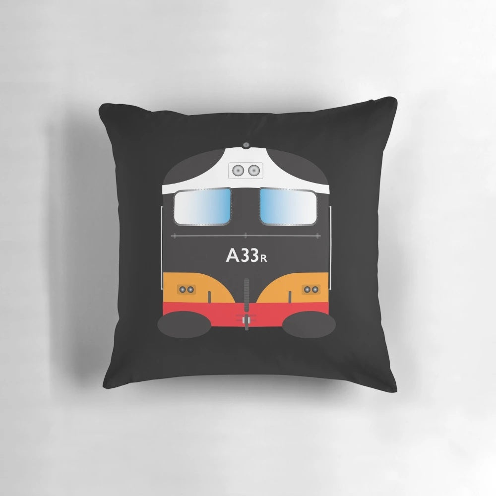Vintage CIE A-Class locomotive in iconic black and tan livery on a throw pillow