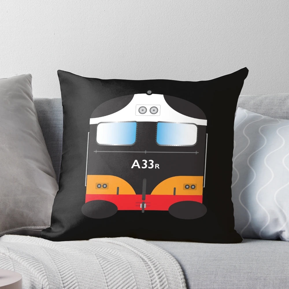 Vintage CIE A-Class locomotive in iconic black and tan livery on a throw pillow
