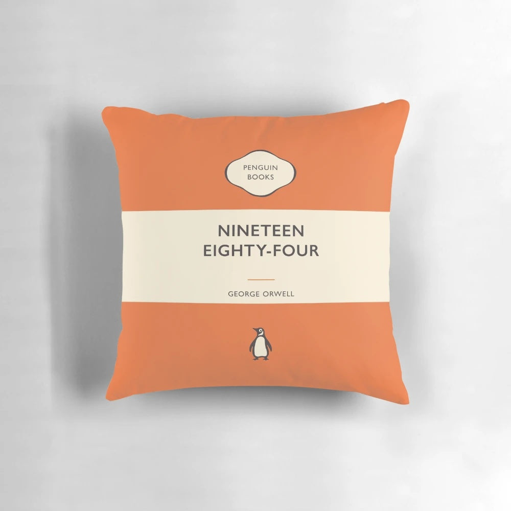 Pillow featuring the iconic book cover design of George Orwell's 1984 from the Penguin Classics series