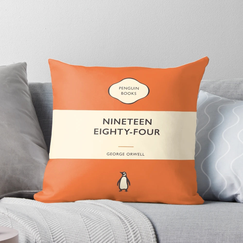Pillow featuring the iconic book cover design of George Orwell's 1984 from the Penguin Classics series
