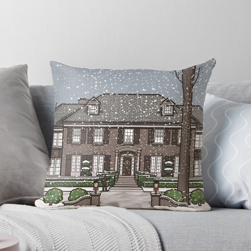 A cozy Christmas pillow featuring the home from the classic 1990 film "Home Alone"