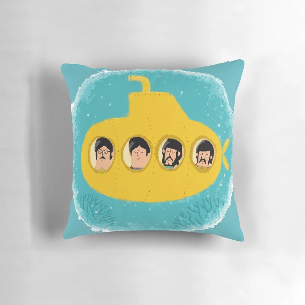 A yellow pillow with a vibrant and psychedelic design, reminiscent of the iconic 'Yellow Submarine' movie.