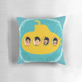 A yellow pillow with a vibrant and psychedelic design, reminiscent of the iconic 'Yellow Submarine' movie.