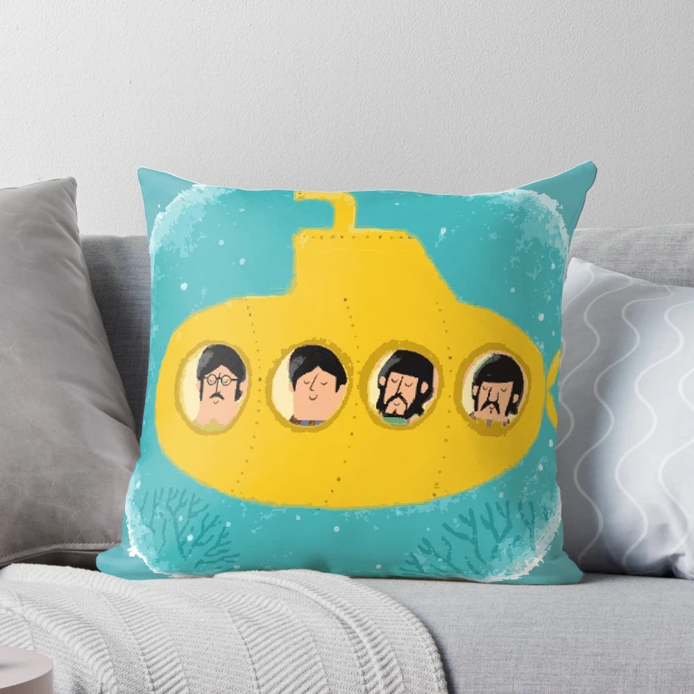 A yellow pillow with a vibrant and psychedelic design, reminiscent of the iconic 'Yellow Submarine' movie.