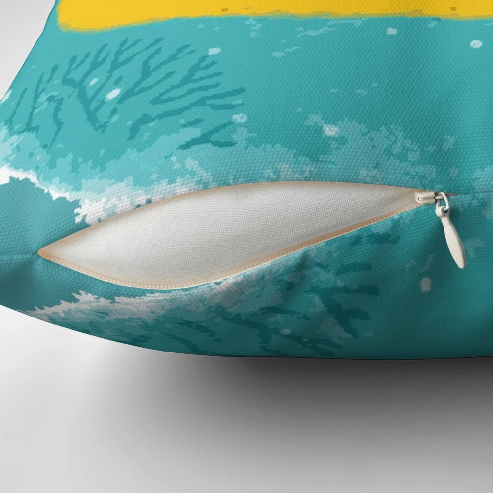 A yellow pillow with a vibrant and psychedelic design, reminiscent of the iconic 'Yellow Submarine' movie.