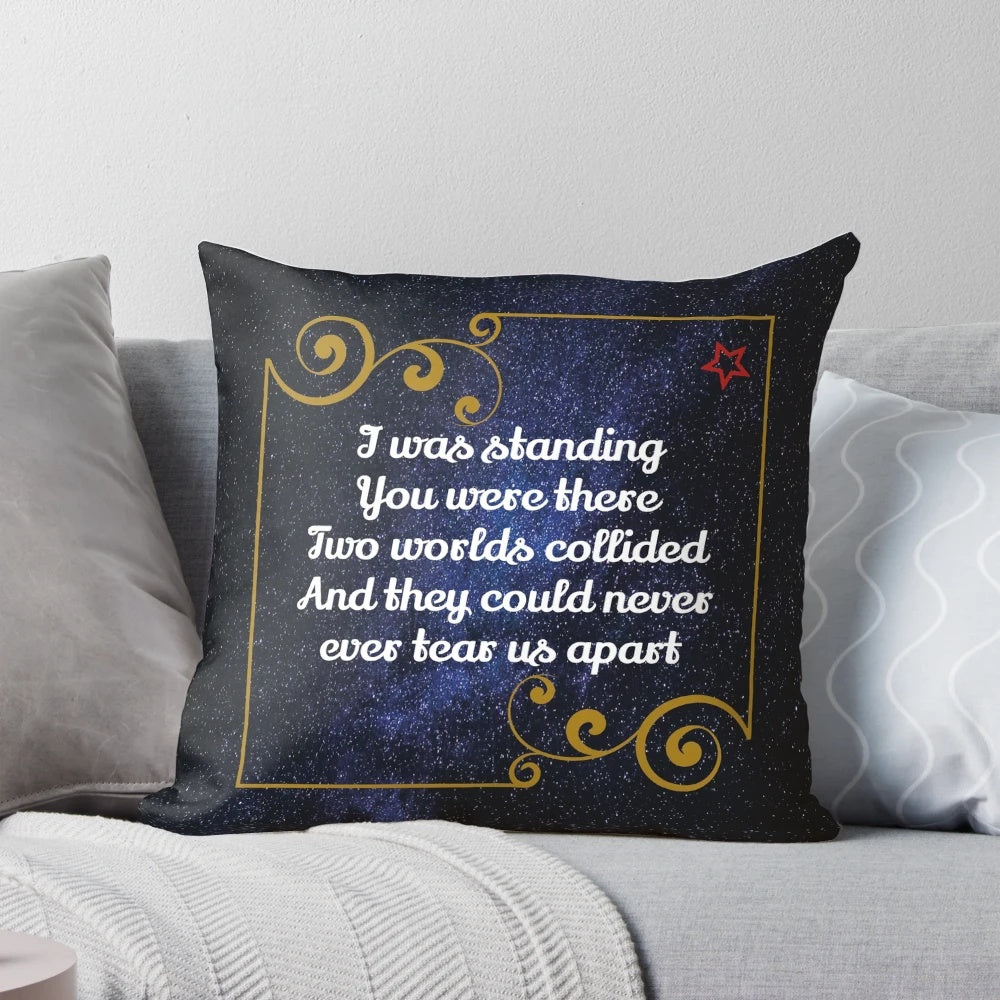 Pillow featuring the iconic lyrics and typography of the INXS hit song "Never Tear Us Apart"