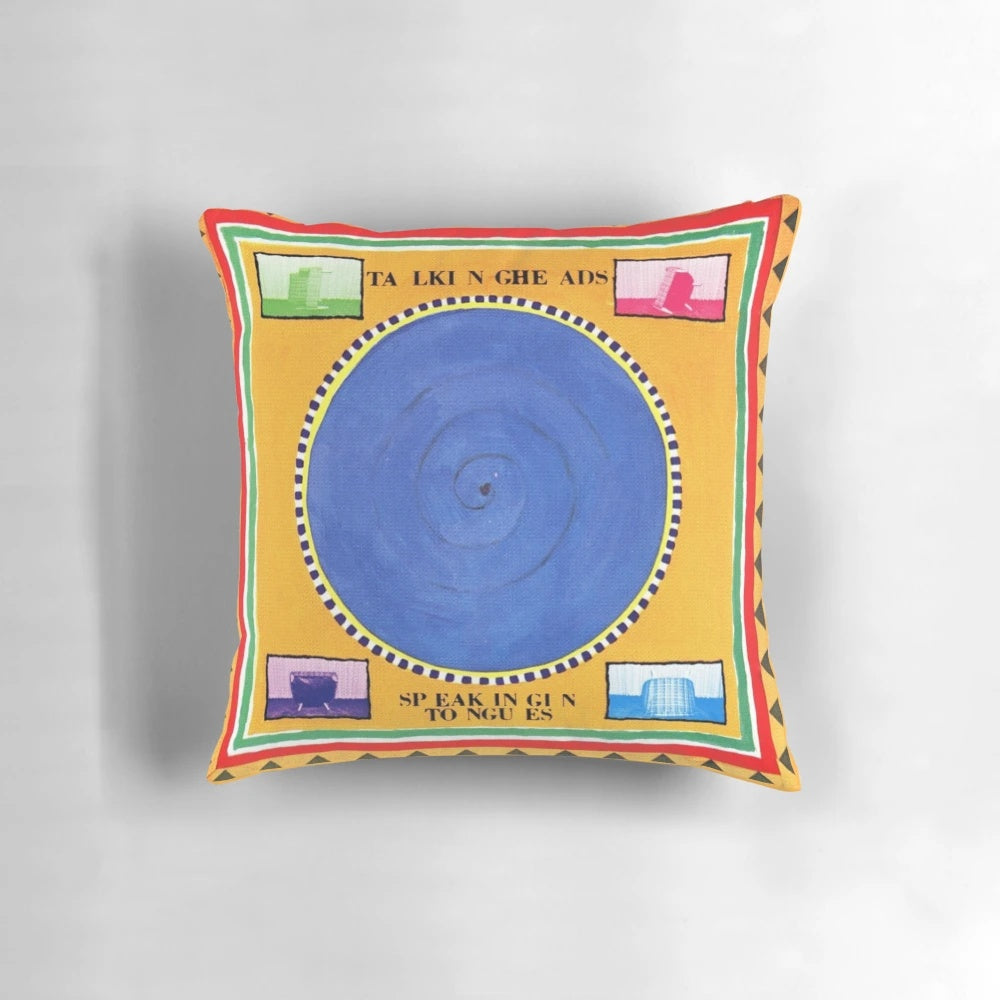 Colorful Talking Heads 'Speaking in Tongues' themed decorative pillow