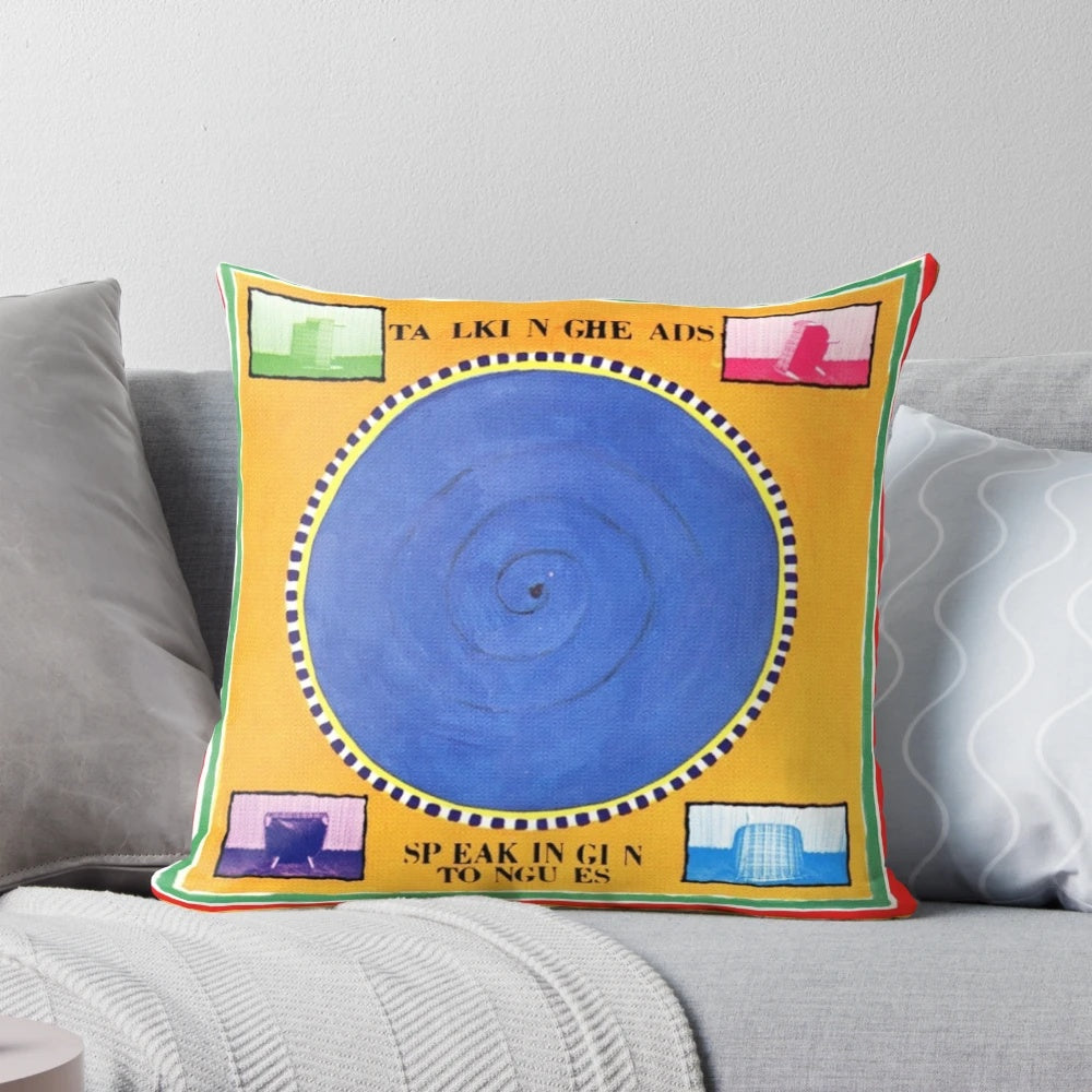 Colorful Talking Heads 'Speaking in Tongues' themed decorative pillow