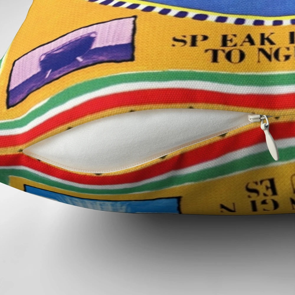 Colorful Talking Heads 'Speaking in Tongues' themed decorative pillow