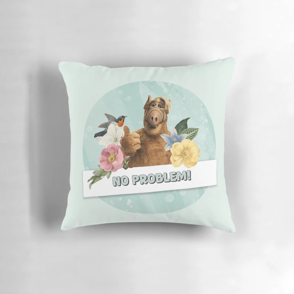 Alf, the famous 90s alien character, featured in a colorful floral collage design on a throw pillow.