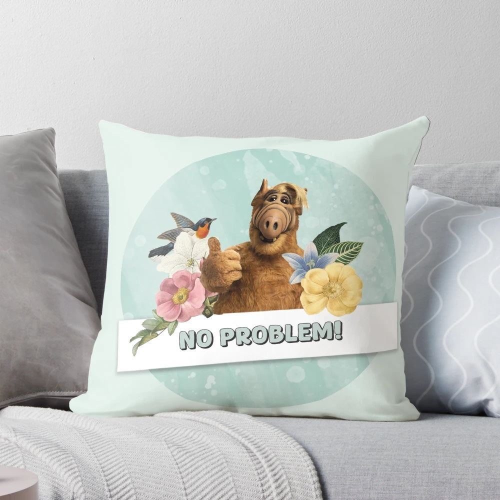 Alf, the famous 90s alien character, featured in a colorful floral collage design on a throw pillow.