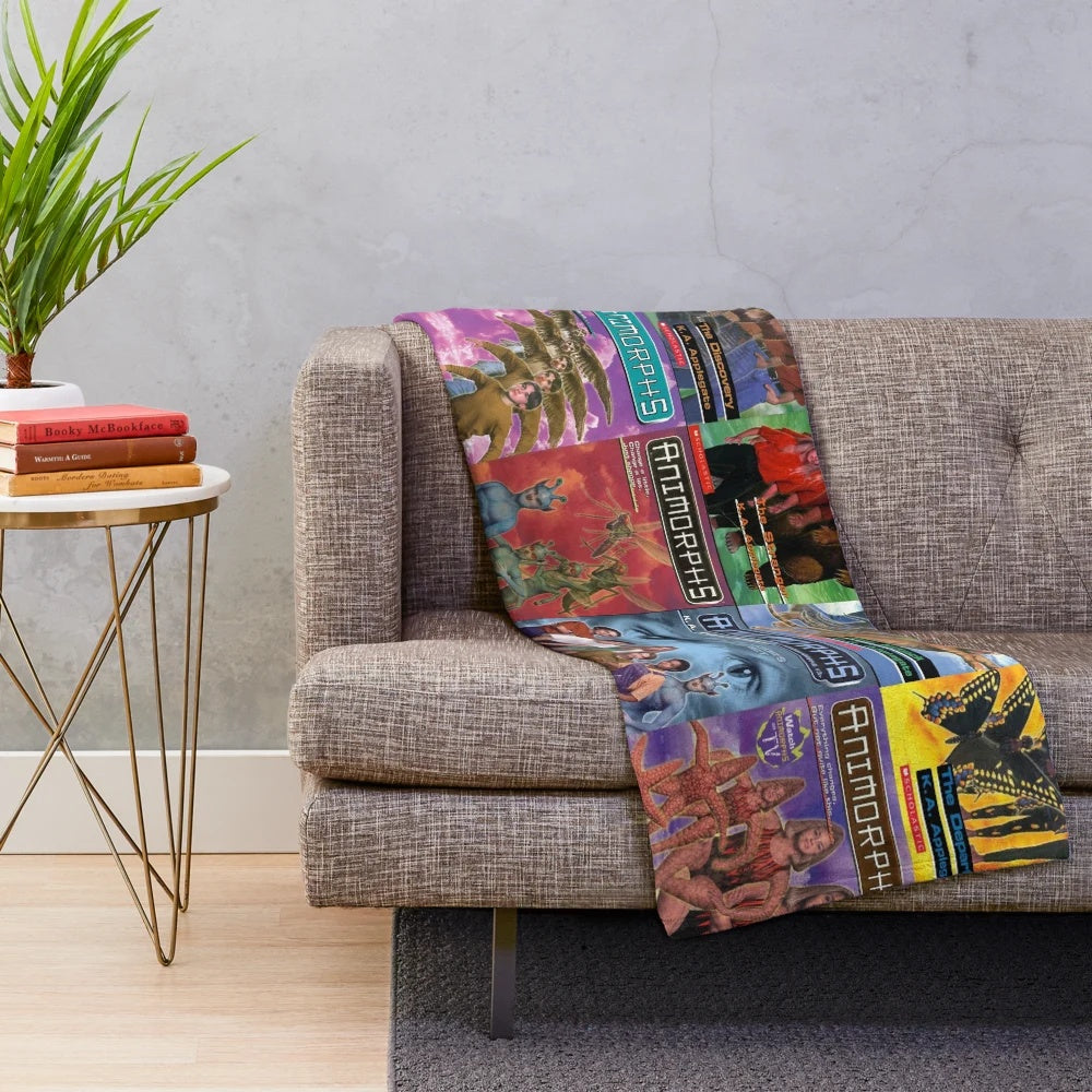 Plush blanket featuring tiled design of Animorphs book covers