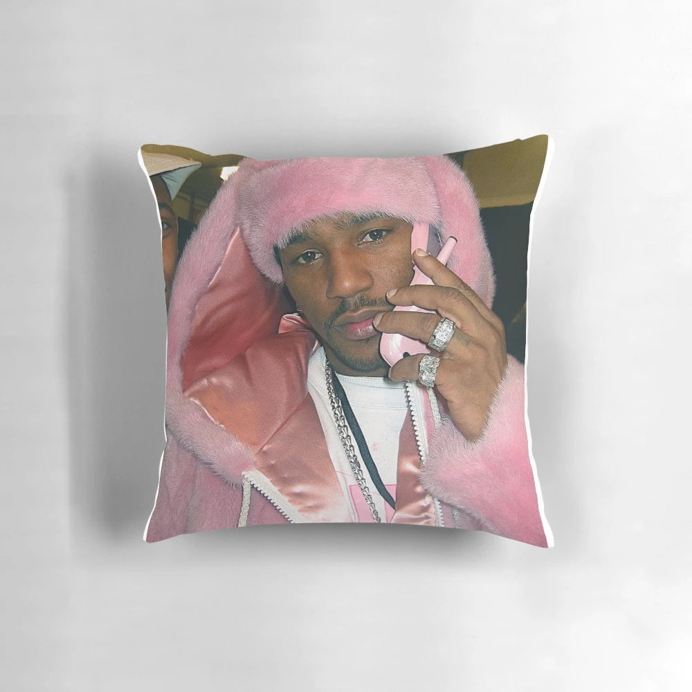 Vibrant pink 90s inspired pillow featuring a stylized 'Killa Cam' design, a nod to iconic hip hop culture.