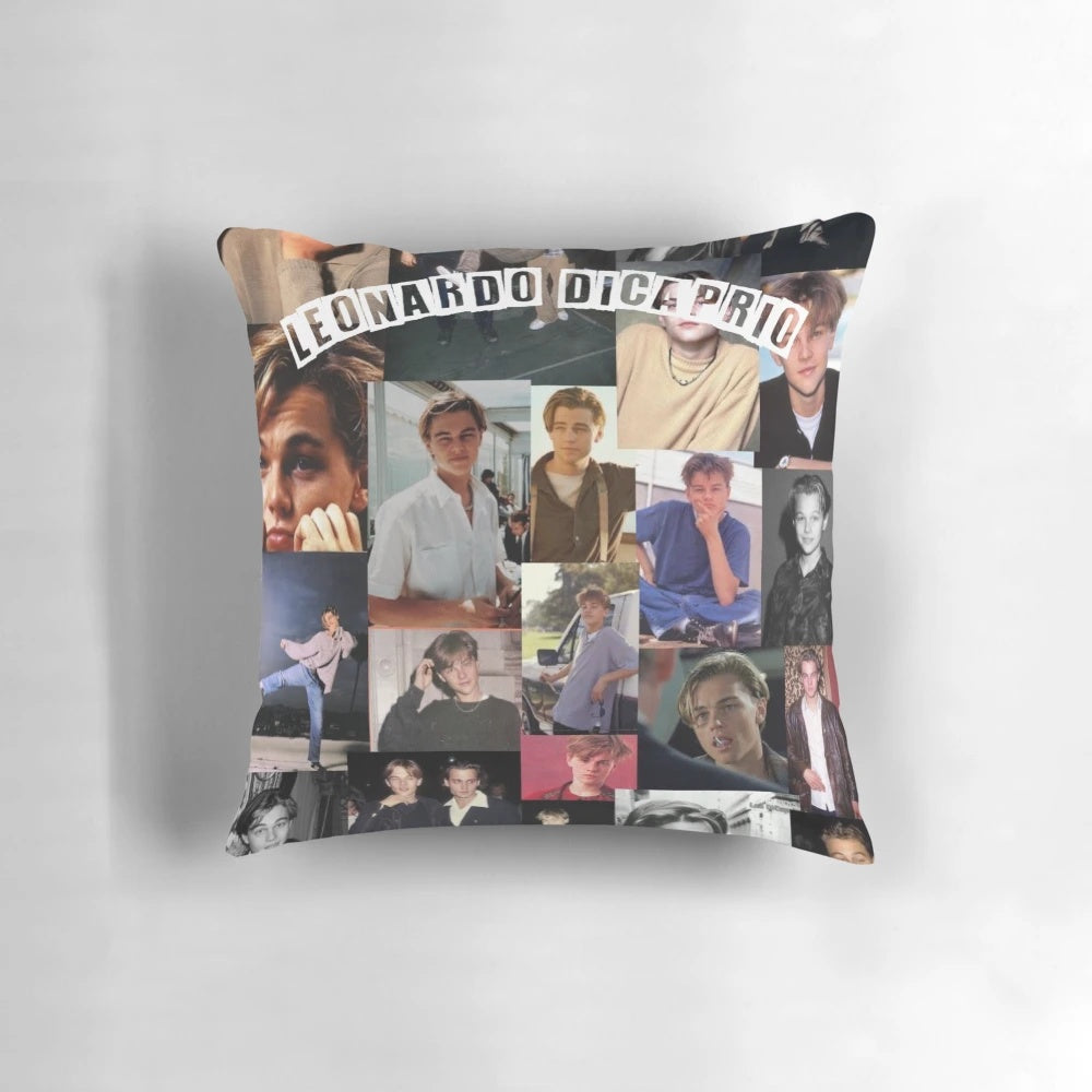 Plush pillow with image of Leonardo DiCaprio, famous actor from Titanic and The Wolf of Wall Street