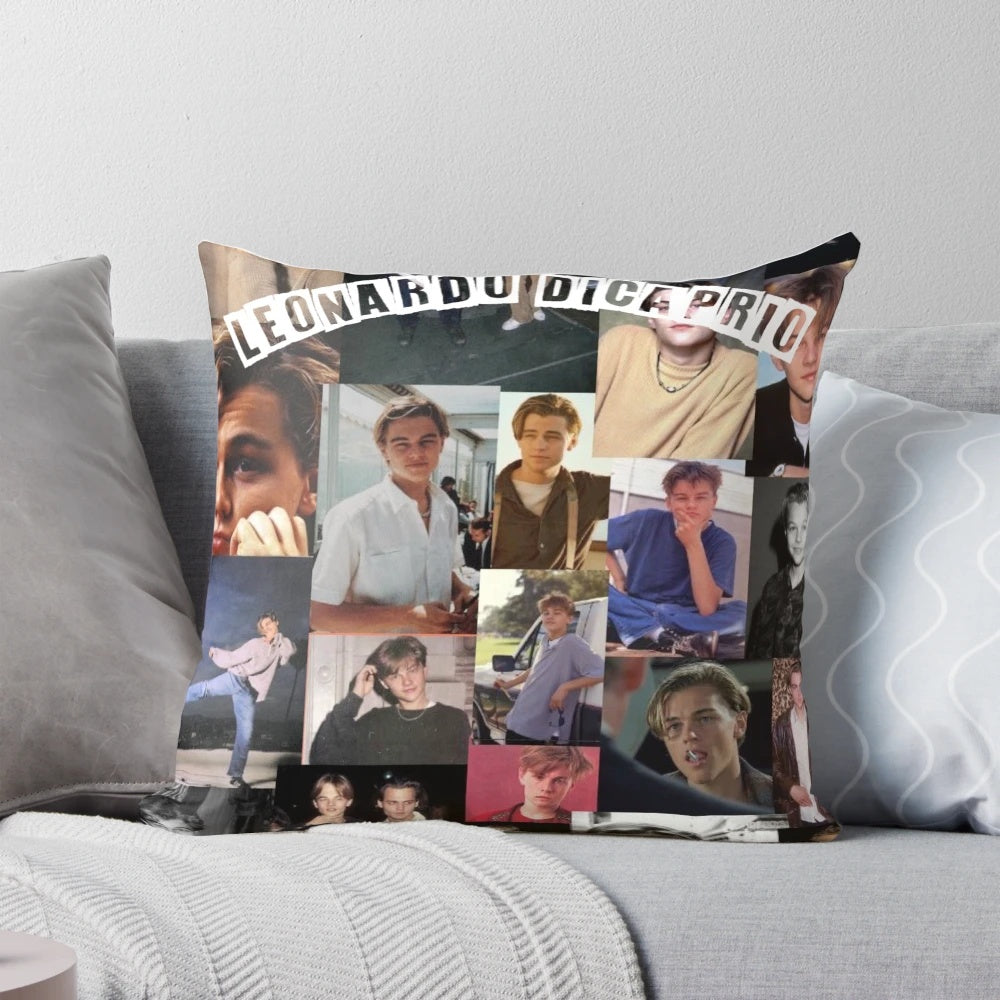 Plush pillow with image of Leonardo DiCaprio, famous actor from Titanic and The Wolf of Wall Street
