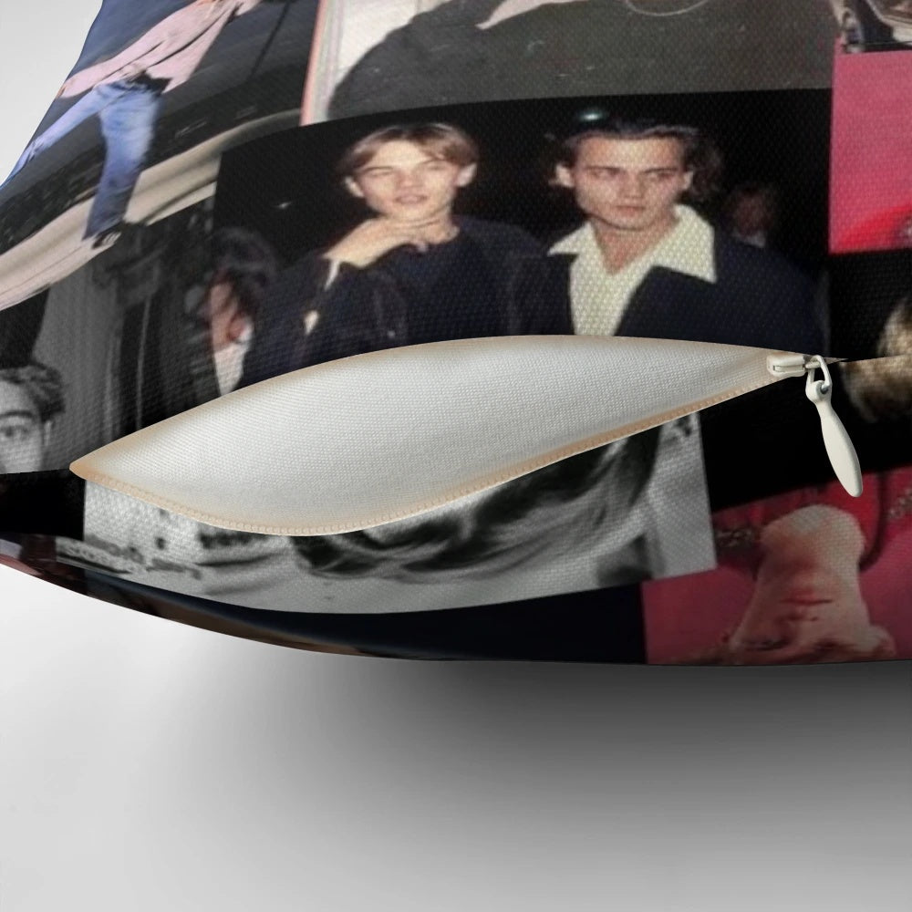 Plush pillow with image of Leonardo DiCaprio, famous actor from Titanic and The Wolf of Wall Street