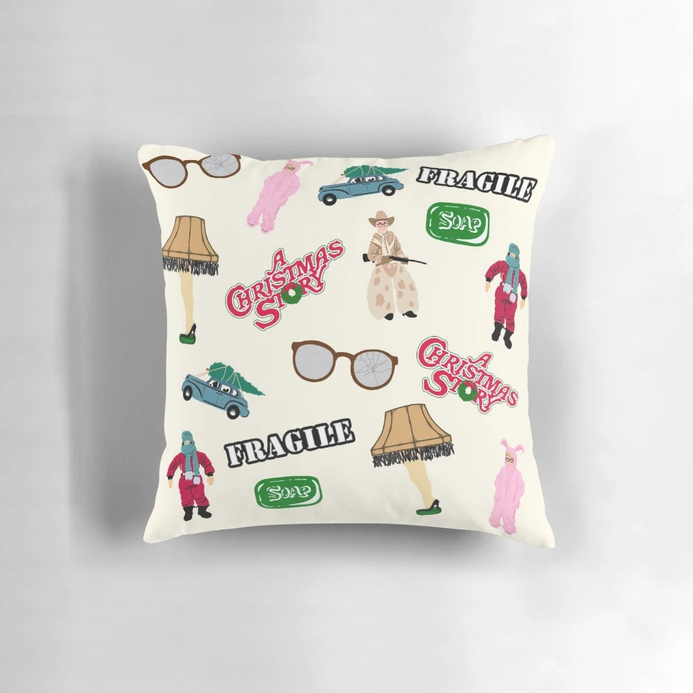 A Christmas Story Pillow featuring iconic quotes and imagery from the classic holiday film