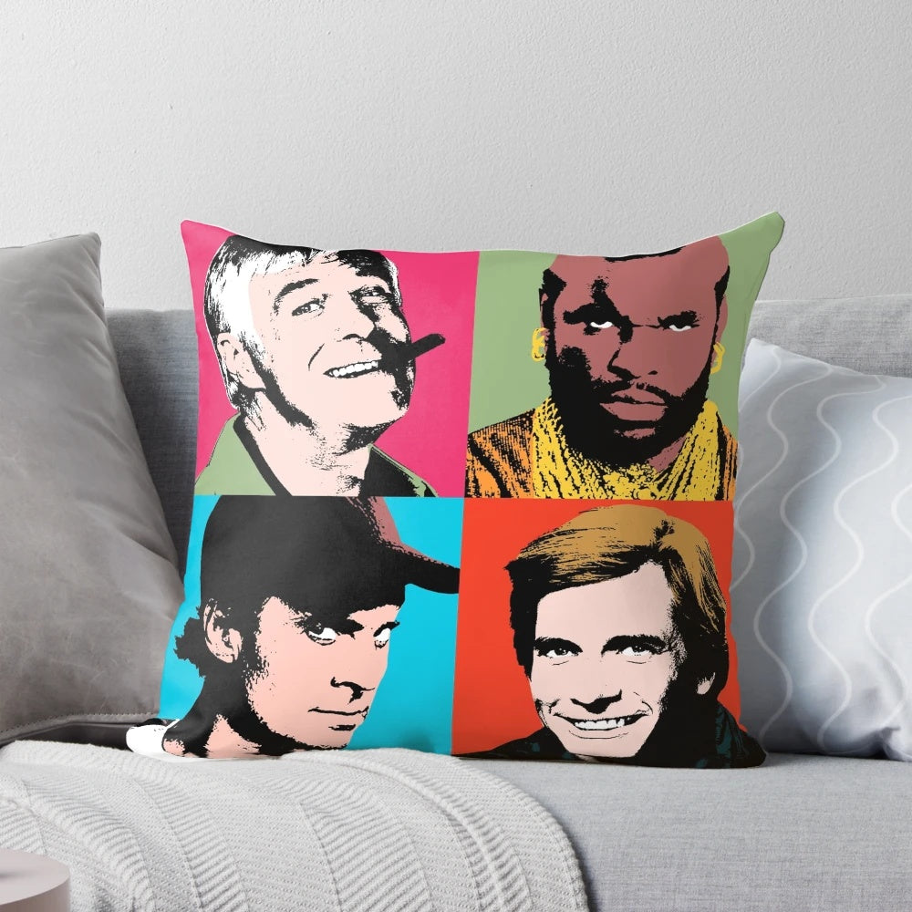 A pop art pillow featuring characters from the iconic 1980s TV series The A-Team, inspired by the art of Andy Warhol.