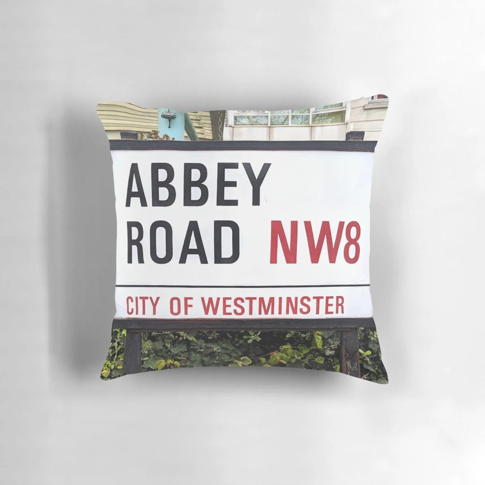 Abbey Road Pillow featuring the iconic street sign from The Beatles' classic album