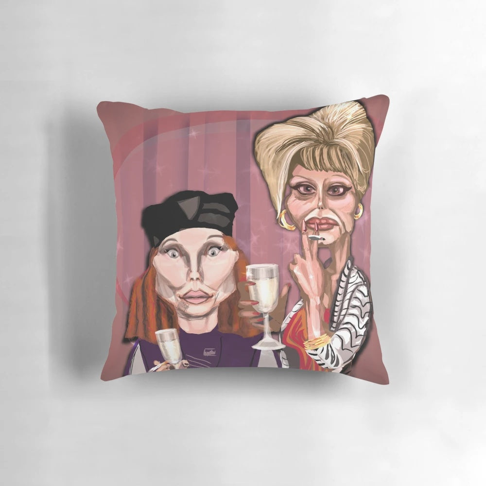 Patsy and Edina 'Absolutely Fabulous' sitcom characters printed on a decorative throw pillow