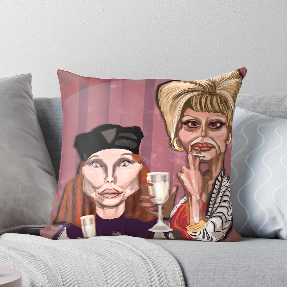 Patsy and Edina 'Absolutely Fabulous' sitcom characters printed on a decorative throw pillow
