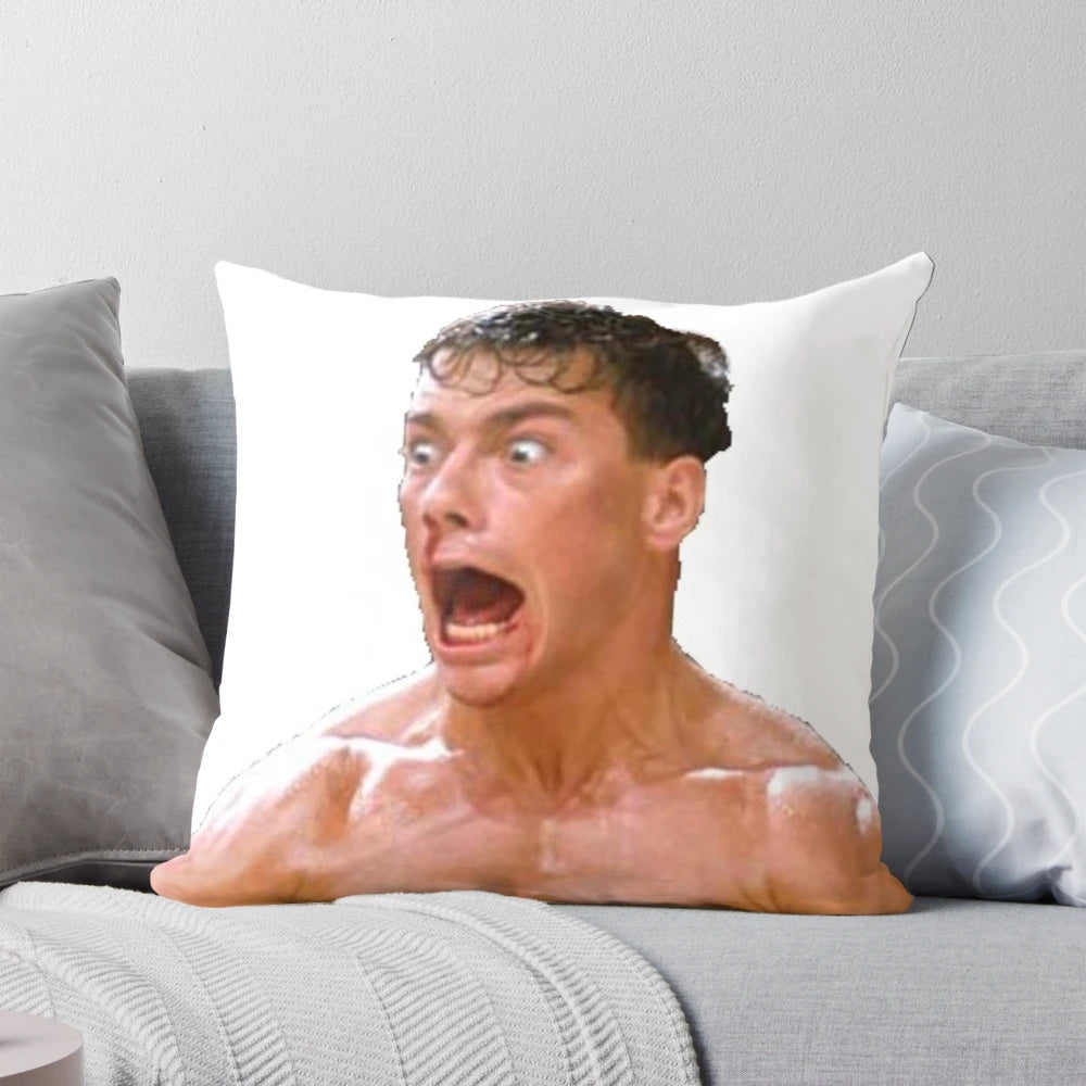 Jean Claude Van Damme inspired decorative pillow with action movie graphics