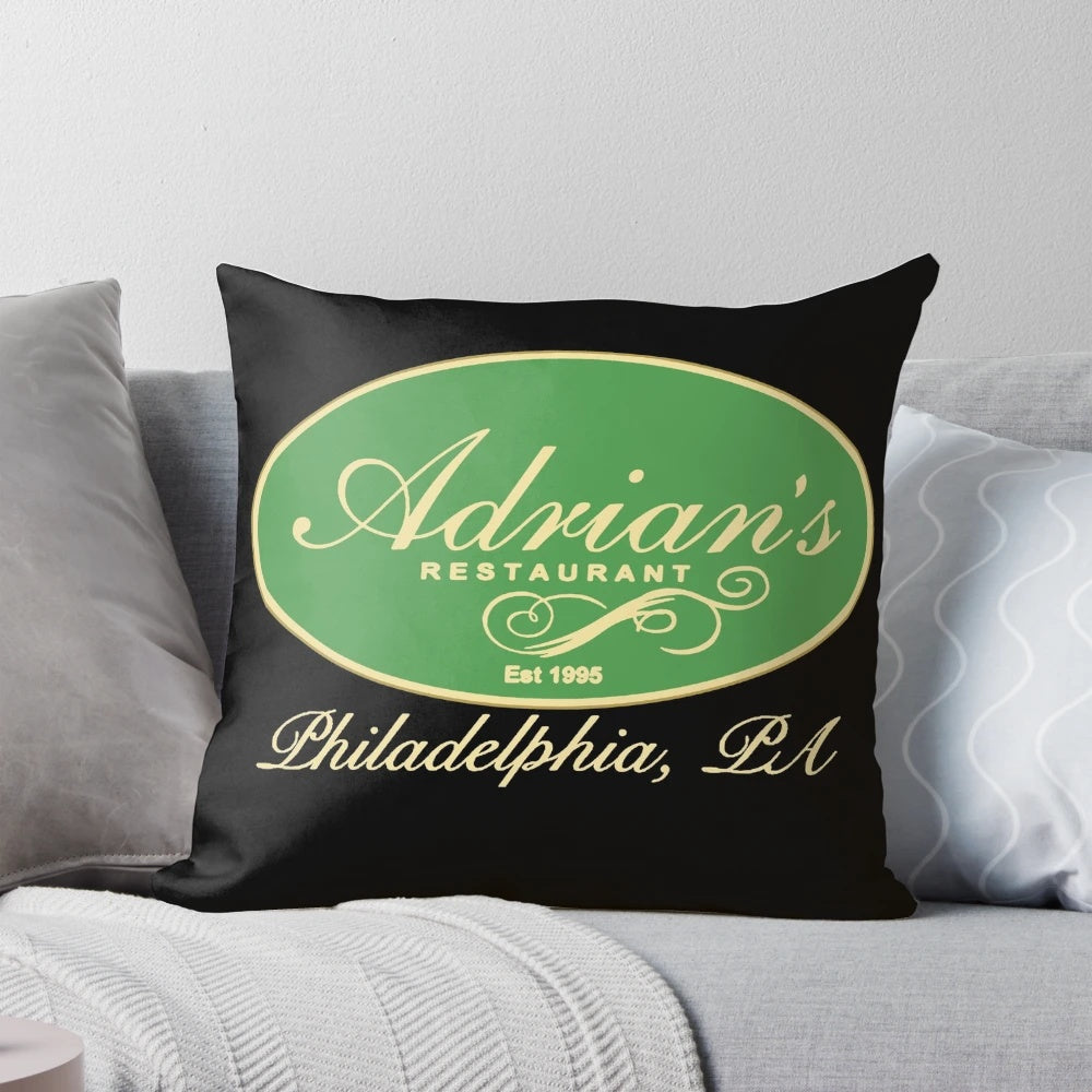 An image of the Adrian's Restaurant Pillow, featuring a depiction of the iconic restaurant from the Rocky movies.
