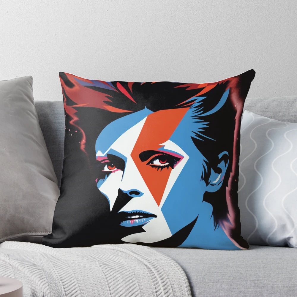 Vibrant vector art of David Bowie's "Aladdin Sane" album cover printed on a high-quality throw pillow