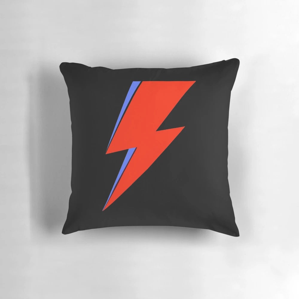 Vibrant pillow featuring the iconic "Aladdin Sane" lightning bolt design by David Bowie