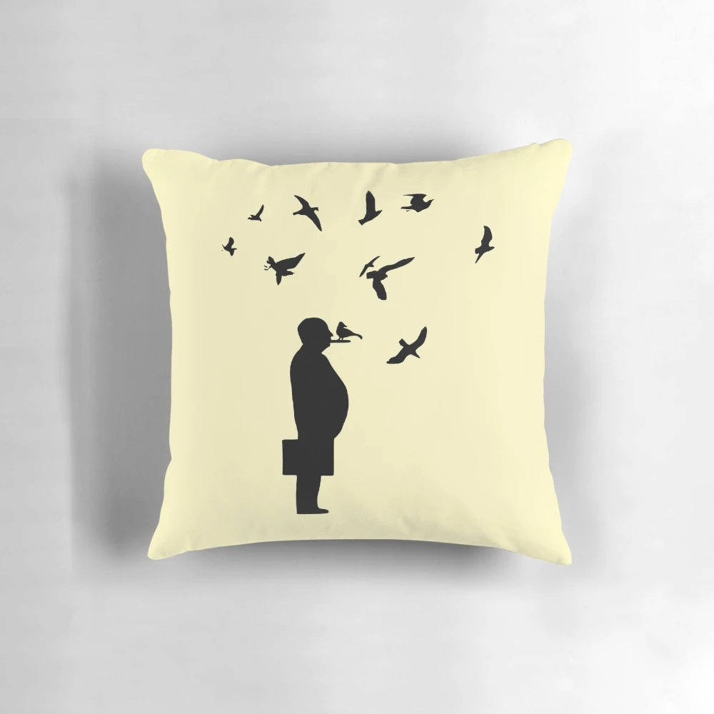 Pillow featuring a silhouette image of birds inspired by Alfred Hitchcock's classic horror film "The Birds