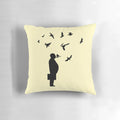 Pillow featuring a silhouette image of birds inspired by Alfred Hitchcock's classic horror film "The Birds