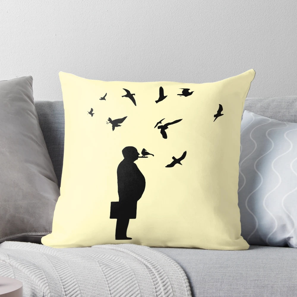 Pillow featuring a silhouette image of birds inspired by Alfred Hitchcock's classic horror film "The Birds