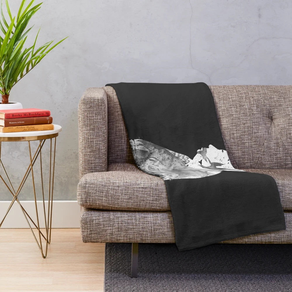 Plush blanket featuring a collage of Alfred Hitchcock's iconic The Birds movie silhouettes