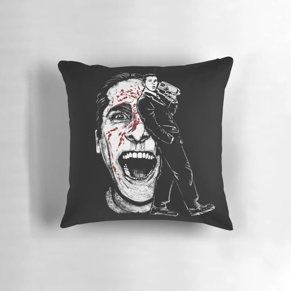 Stylish "American Psycho" themed decorative pillow featuring Patrick Bateman and the cult classic film's eerie vibe.