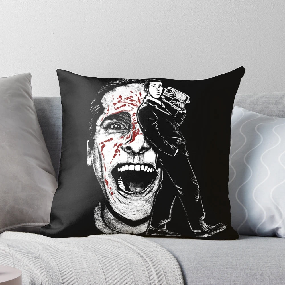 Stylish "American Psycho" themed decorative pillow featuring Patrick Bateman and the cult classic film's eerie vibe.